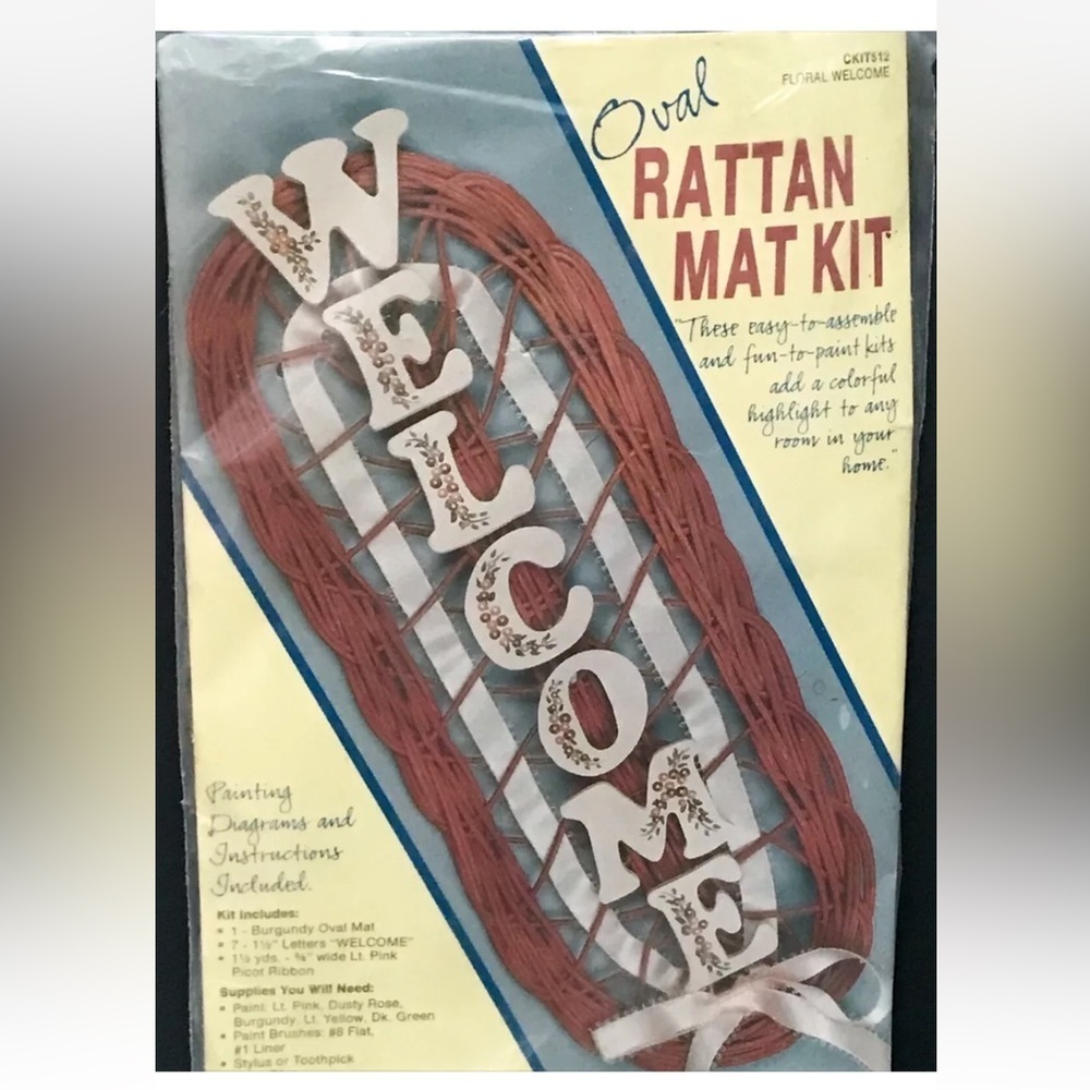 Vintage Welcome Craft Kit Oval Rattan Mat Rustic Farmhouse Cottage Core NOS